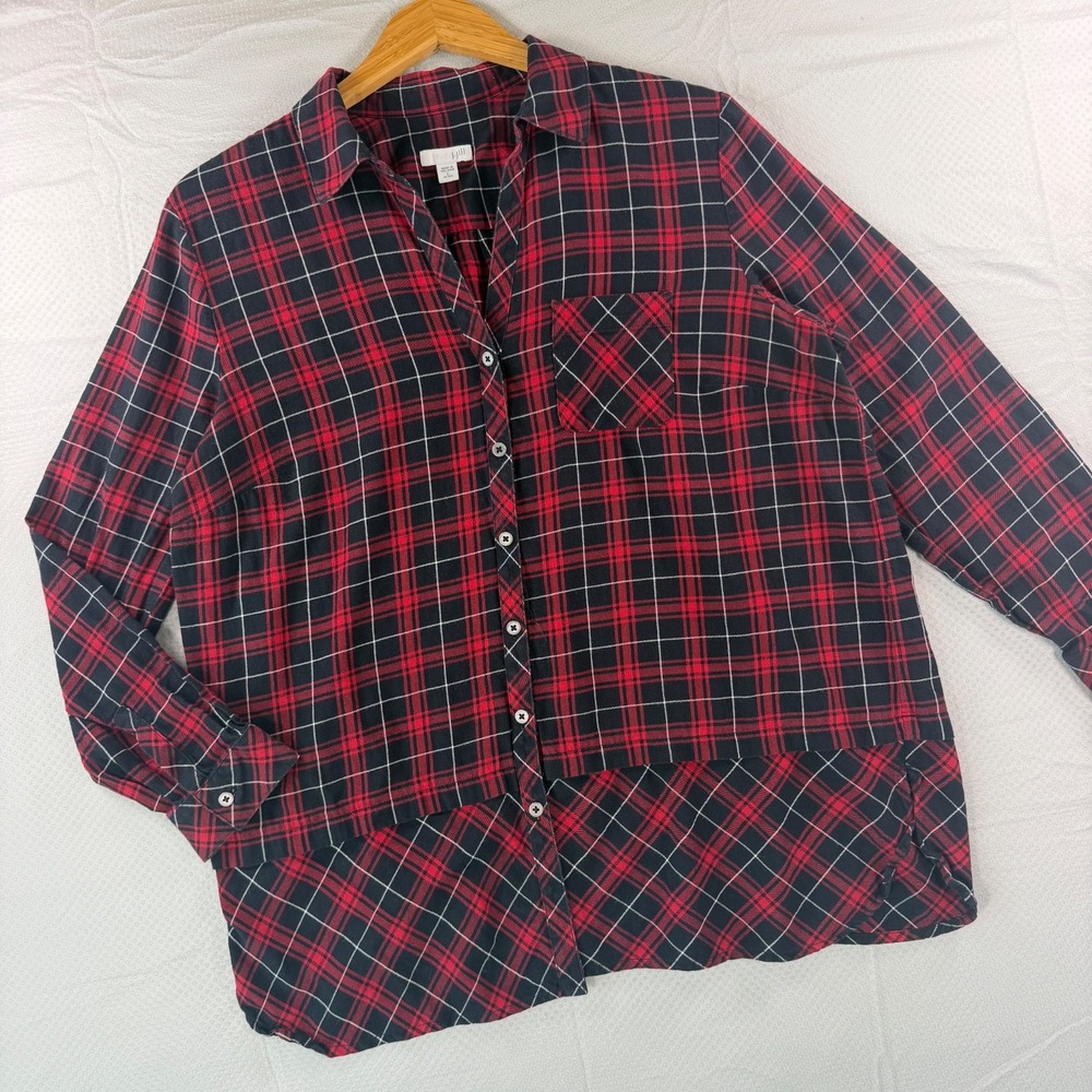 J Jill Red Plaid Festive Button Down Cotton Modal Long Sleeve Shirt Petite L